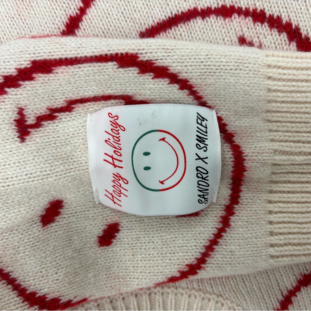 Sandro Cream and‎ Red Crewneck Sweater with Playful Smiley Pattern - Picture 3 of 3